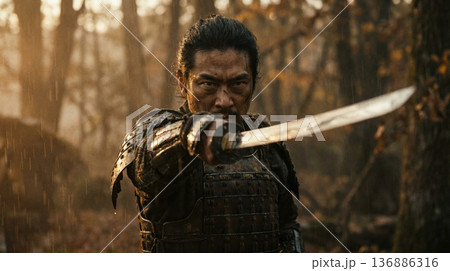 甲冑を身に纏い真剣を向ける戦国時代の武将のストックフォト 136886316