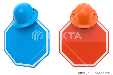 Blank traffic signs with different shapes and colors on metal poles on white background with clipping path, concept of road safety 136886560