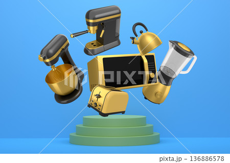 Set of kitchen appliances and utensils floating in mid-air over podium and abstract background, modern cooking concepts 136886578