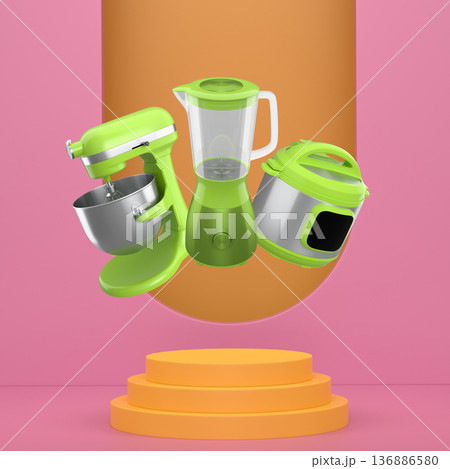 Set of kitchen appliances including a pressure cooker, blender, and mixer floating over podium on abstract background 136886580