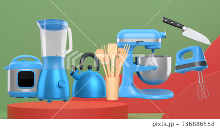 Set of kitchen appliances and utensils floating in mid-air over podium and abstract background, modern cooking concepts 136886588