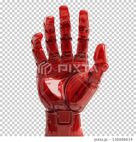 A red transparent robotic open palm hand in glossy style on white background, symbolizing technology and innovation concepts 136886614
