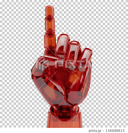 Red glossy robotic hand pointing upward in a sleek futuristic style on a white background, symbolizing innovation and progress Red glossy robotic hand pointing upward in a sleek futuristic style on a white background, symbolizing innovation and progress 136886615