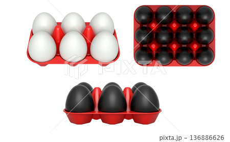 Plastic trays filled with neatly stacked black eggs, isolated on white transparent background. Plastic trays filled with neatly stacked black eggs, isolated on white transparent background. 136886626