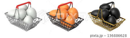 Wire baskets filled with eggs, isolated on white transparent background, concept of kitchen storage 136886628