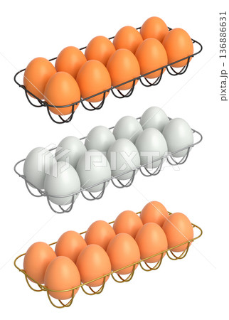 Metal trays filled with neatly stacked white and brown eggs, isolated on white transparent background. 136886631