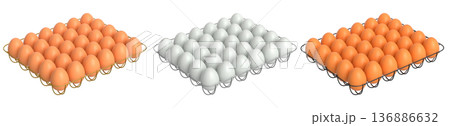 Metal trays filled with neatly stacked white and brown eggs, isolated on white transparent background. 136886632