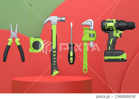 Construction tools and safety equipment floating over podium on abstract background, industrial work and protection concept Construction tools and safety equipment floating over podium on abstract background, industrial work and protection concept 136886638