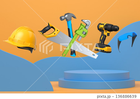 Construction tools and safety equipment floating over podium on abstract background, industrial work and protection concept Construction tools and safety equipment floating over podium on abstract background, industrial work and protection concept 136886639