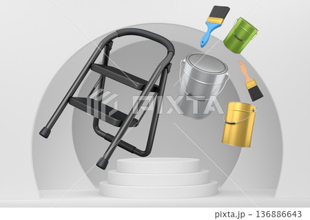 Folding step ladder with colorful paint buckets, spray can and brushes floating over podium on abstract background, DIY renovation 136886643