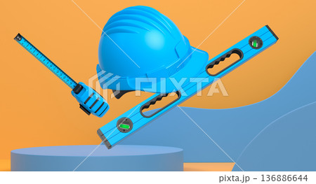 Hard hat, level tool, and tape measure floating on podium with abstract background, concept of construction safety and tools Hard hat, level tool, and tape measure floating on podium with abstract background, concept of construction safety and tools 136886644