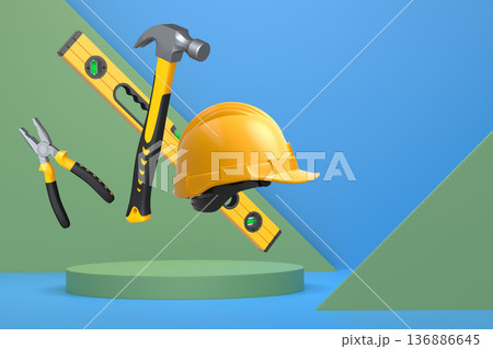 Construction tools and safety equipment floating over podium on abstract background, industrial work and protection concept Construction tools and safety equipment floating over podium on abstract background, industrial work and protection concept 136886645