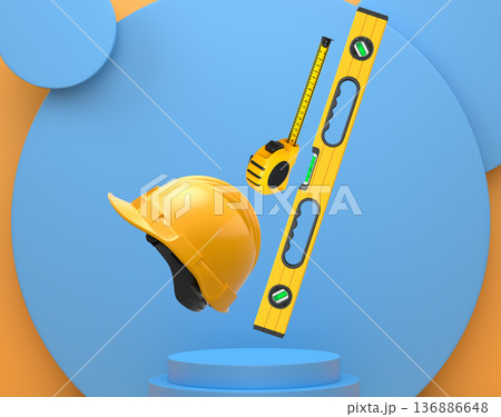 Construction tools and safety equipment floating over podium on abstract background, industrial work and protection concept Construction tools and safety equipment floating over podium on abstract background, industrial work and protection concept 136886648