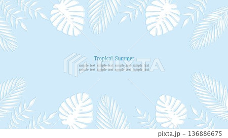 トロピカルリーフフレーム ブルー 16:9横長 青背景 136886675