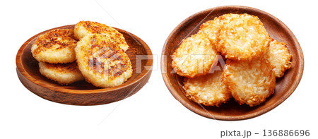 Set of Crispy golden fried  sago cakes isolated on white transparent background, concept of Papua New Guinea breakfast food 136886696