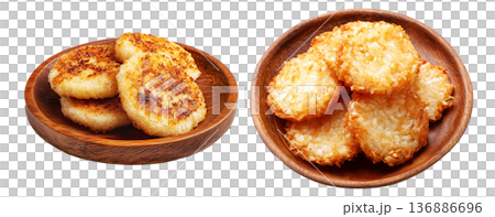 Set of Crispy golden fried sago cakes isolated on white transparent background, concept of Papua New Guinea breakfast food Set of Crispy golden fried sago cakes isolated on white transparent background, concept of Papua New Guinea breakfast food 136886696