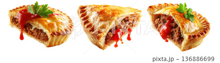 Set of Australia meat pie filled with minced meat  and topped with ketchup, isolated on white transparent background 136886699