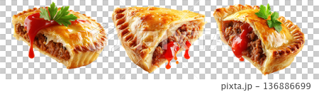 Set of Australia meat pie filled with minced meat and topped with ketchup, isolated on white transparent background Set of Australia meat pie filled with minced meat and topped with ketchup, isolated on white transparent background 136886699