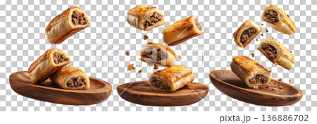 Set of Australia Sausage roll puff pastry filled with minced meat, golden flaky crust on white background, baked snack or meal Set of Australia Sausage roll puff pastry filled with minced meat, golden flaky crust on white background, baked snack or meal 136886702
