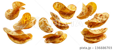 Stack of cooked golden flatbreads with toasted brown spots, isolated on white background, symbolizing traditional food Stack of cooked golden flatbreads with toasted brown spots, isolated on white background, symbolizing traditional food 136886703