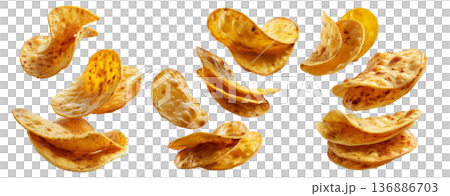 Stack of cooked golden flatbreads with toasted brown spots, isolated on white background, symbolizing traditional food Stack of cooked golden flatbreads with toasted brown spots, isolated on white background, symbolizing traditional food 136886703
