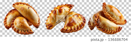 Fried baked pastry empanadas filled with ground beef cheese ham and crimped edges, isolated on white background Fried baked pastry empanadas filled with ground beef cheese ham and crimped edges, isolated on white background 136886704