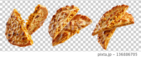 Chickpea flatbread with crispy golden brown texture and cut slices isolated on white background. Concept of Argentina Faina food 136886705