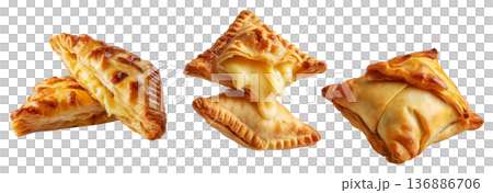 Flaky filled puff pastries pocket with melted cheese oozing out, isolated on white background, concept of Brazil snack Flaky filled puff pastries pocket with melted cheese oozing out, isolated on white background, concept of Brazil snack 136886706