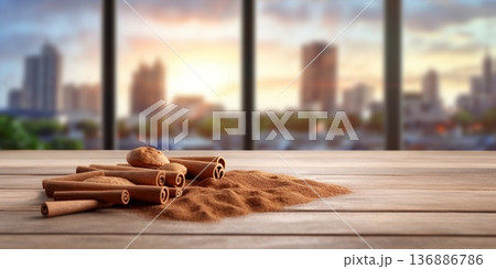 Cinnamon pile on table copy space blurred background, AI Generated 136886786