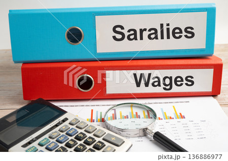 Salaries, Wages. binder with graph and calculator in business office. 136886977