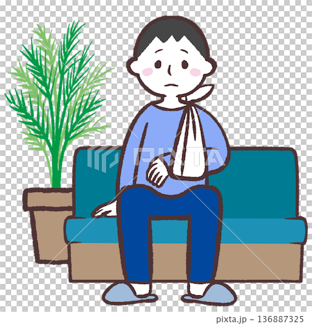 Injured man sitting on sofa Injured man sitting on sofa 136887325