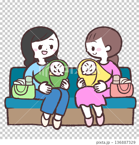 Illustration of mothers holding babies sitting on a sofa and chatting Illustration of mothers holding babies sitting on a sofa and chatting 136887329