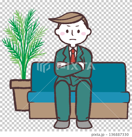 緊張の面持ちでソファーに座る男性のイラスト 136887330
