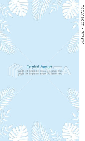トロピカルリーフフレーム ブルー 16:9縦長 青背景 136887381