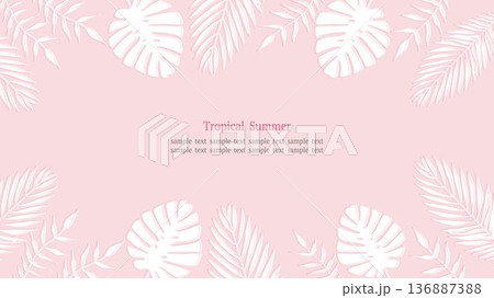 トロピカルリーフフレーム ピンク 16:9横長 ピンク背景 136887388
