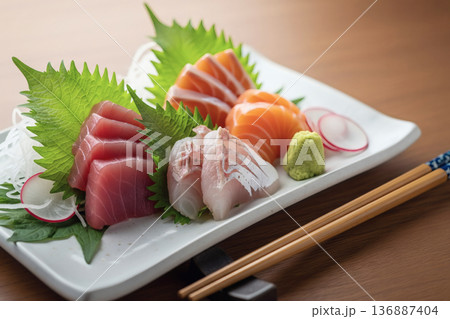 和食の定番である刺身の三種盛り合わせ 136887404
