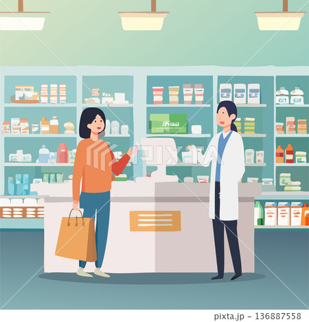 薬局カウンターでの顧客相談薬剤師 - ヘルスケアと服薬アドバイスのコンセプト 136887558