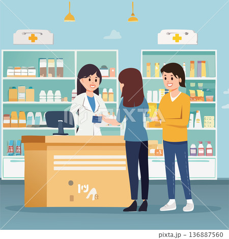 薬局カウンターでの顧客相談薬剤師 - ヘルスケアと服薬アドバイスのコンセプト 136887560