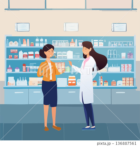 薬局カウンターでの顧客相談薬剤師 - ヘルスケアと服薬アドバイスのコンセプト 136887561