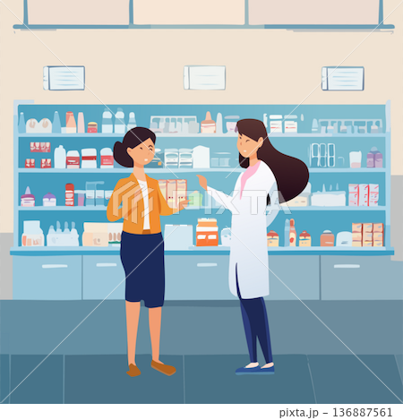 薬局カウンターでの顧客相談薬剤師 - ヘルスケアと服薬アドバイスのコンセプト 136887561