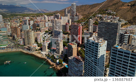 Aerial view of Benidorm coastal skyline with high rise buildings and Mediterranean shoreline Spain Aerial view of Benidorm coastal skyline with high rise buildings and Mediterranean shoreline Spain 136887687