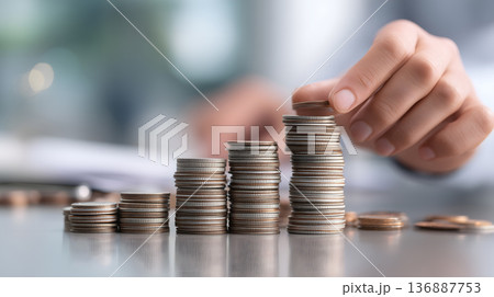 Person is putting coins on top of each other 136887753
