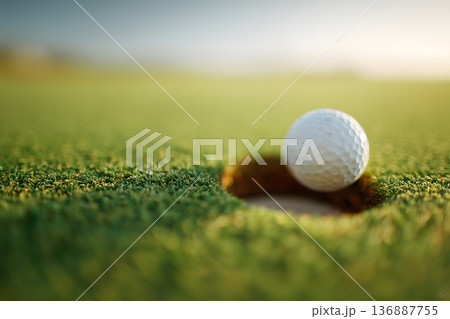 White golf ball is sitting in a hole on a green grass field 136887755
