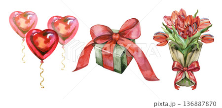 Watercolor holiday set featuring red heart-shaped balloons, a gift box with a silk ribbon, and a beautiful tulip bouquet. This hand-painted collection is perfect for Valentine's Day, anniversaries 136887870