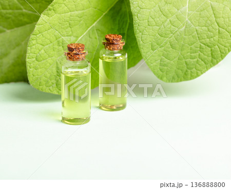 Burdock essential oil bottles beside fresh green leaves on light background 136888800