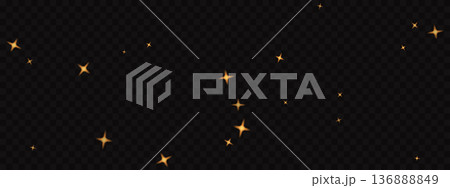 Starlight confetti background template. Vector golden glowing stars with shimmer trail effects on dark transparent backdrop, symbolizing festive party atmosphere and celestial magic concept. 136888849