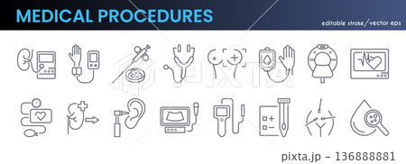 Medical Procedures line icon set. Urology, ear examination, tonometer, kidney transplant, MRI scanner, vaccine syringe, dialysis minimal vector illustration. Outline signs for clinic. Editable Stroke. Medical Procedures line icon set. Urology, ear examination, tonometer, kidney transplant, MRI scanner, vaccine syringe, dialysis minimal vector illustration. Outline signs for clinic. Editable Stroke. 136888881
