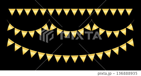 Golden triangle party bunting border. Gold festive flag garland. Birthday party bunting. Yellow flag ribbon chain. Carnival banner. Design element. Vector illustration isolated on black background Golden triangle party bunting border. Gold festive flag garland. Birthday party bunting. Yellow flag ribbon chain. Carnival banner. Design element. Vector illustration isolated on black background 136888935