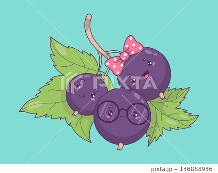 Blackcurrant Family. Kawaii Cartoon Berry. Cute Mom, Dad and Baby Currant Characters. Kids collection. Vector illustration. Not AI 136888936