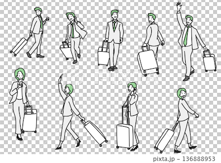 圖：一群身著西裝的商務人士拉著行李箱行走 136888953